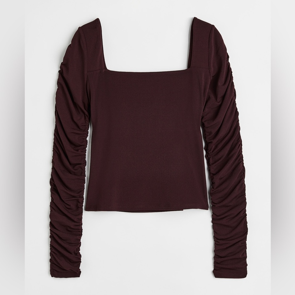 H&M (XXL) Ruched Gathered Sleeve Square Neck Lightly Cropped Shirt - Wine Red HM